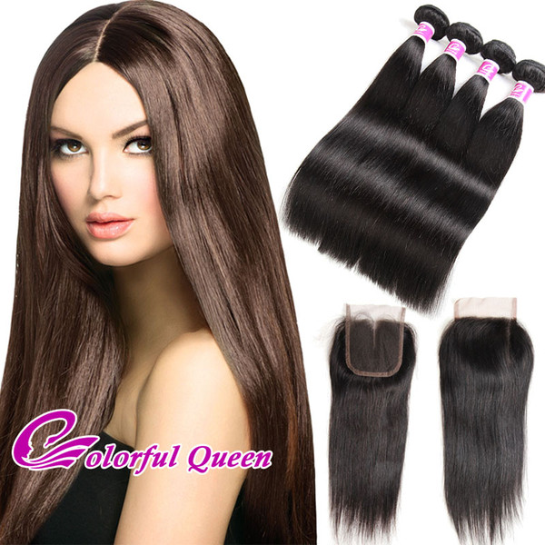 Brazilian Silk Straight Hair 4 Bundles with Closure Baby Hair 5Pcs/Lot 7A Straight Brazilian Virgin Human Hair Bundles with Lace Closure 4x4