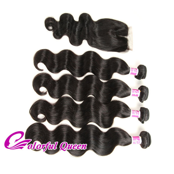 Colorful Queen Brazilian Body Wave Weaves Closure with Bundles 5Pcs/Lot Cheap Wet and Wavy Brazilian Virgin Hair 4 Bundles with Lace Closure