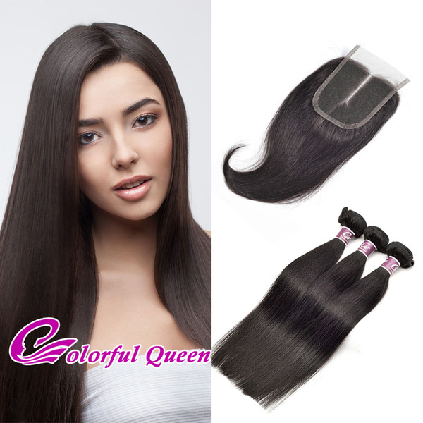 Grade 7A 3Pcs Brazilian Straight Hair Extensions with Lace Closure Free Middle 3 Part Unprocessed Human Virgin Hair Weave Wefts with Closure