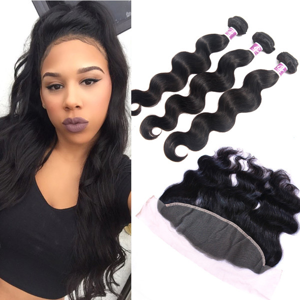 Malaysian Virgin Hair 3 Bundles and Frontal Closure Human Hair Body Wave Weave with Closure 3 Bundles with Closure with Baby Hair 13x4