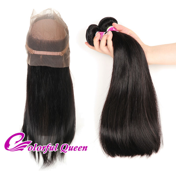 Raw Indian Straight Virgin Hair 360 Lace Frontal with 2 Bundles Indian Hair 2 Bundles Human Hair Wefts with 360 Frontal 3Pcs/Lot