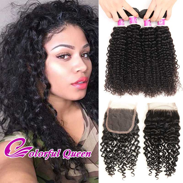 Hot Sale 7A 4 Pcs Brazilian Kinky Curly Virgin Hair With Closure 100% Human Hair Extensions with Lace Closure Brazilian Hair Weaves Closure