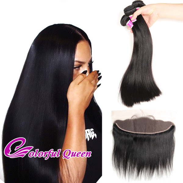 Brazilian Straight Virgin Hair Weave 3 Bundles Weaves Closure Baby Hair 13x4 Ear to Ear Lace Frontal Closure with Bundles 4Pcs/Lot