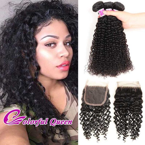 7A Raw Indian Curly Virgin Hair 3 Bundles With Closure Indian Kinky Curly Virgin Hair With Closure Human Hair Bundles with Lace Closure