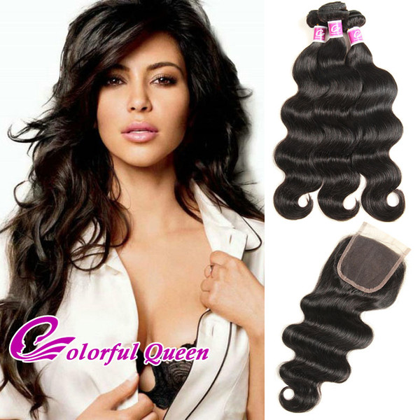 Colorful Queen Brazilian Virgin Hair with Closure Human Hair 3 Bundles with Closure Brazilian Body Wave Hair Weaves with Lace Closure 4 Pcs