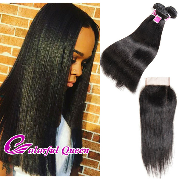 Brazilian Virgin Straight Hair Weaves with Lace Closure 4Pcs/Lot Wet and Wavy Brazilian Closure with Straight Human Hair Bundles on Sale