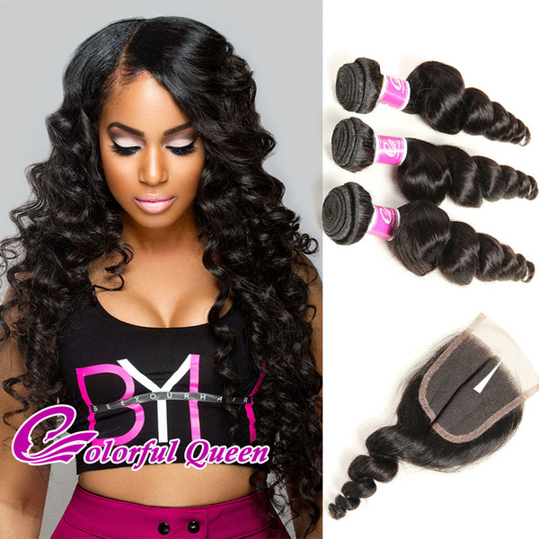 Grade 7A Brazilian Virgin Hair 3 Bundles With Closure Brazilian Loose Wave With Closure 4 Pcs Lot Human Hair Weaves Closure Bouncy Curl