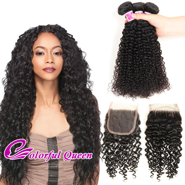 Grade 7A Brazilian Curly Hair 3 Bundles with Closure 100% Human Hair Weaves with Lace Closure Brazilian Virgin Hair Weaves with Lace Closure