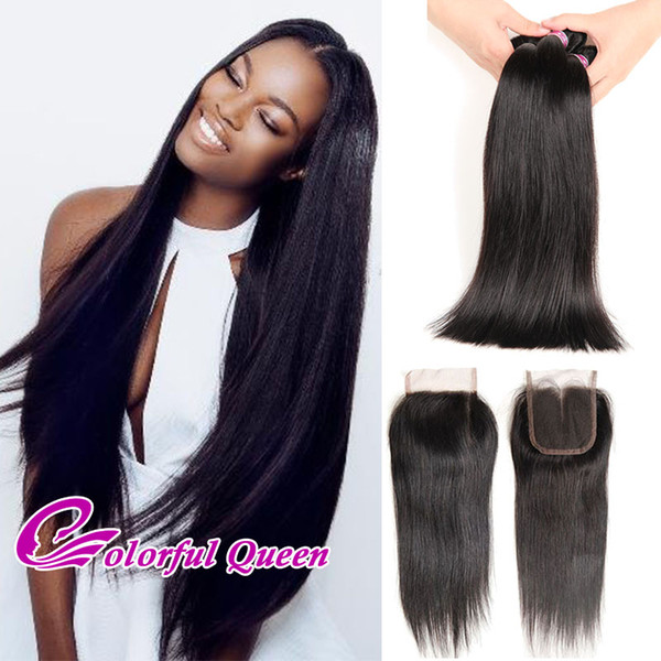 Colorful Queen Brazilian Straight Hair with Closure 4Pcs/Lot Mink Brazilian Virgin Hair 3 Pcs Human Hair Extensions With Lace Closure 4x4