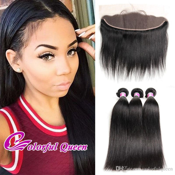 Colorful Queen Brazilian Straight Virgin Hair Bundles with Lace Frontal Closure 3 Pcs Straight Human Hair Weave Bundles with Frontals 13x4