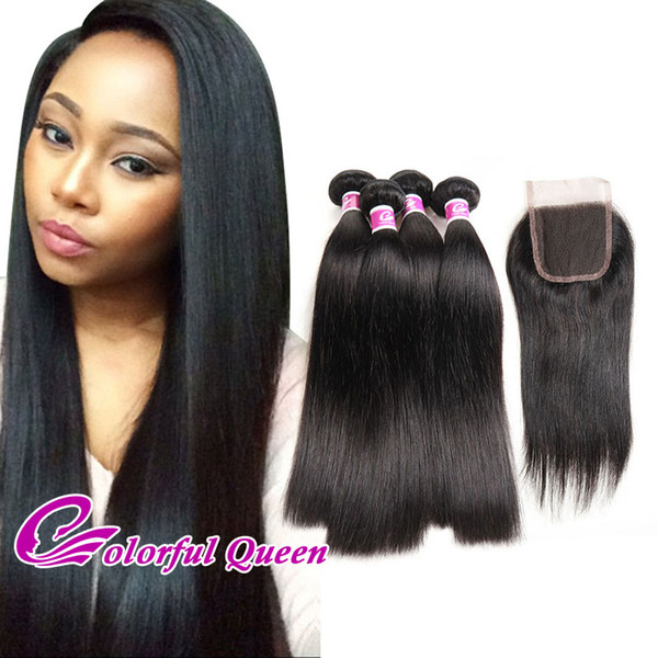 Colorful Queen Brazilian Straight Hair with Closure 5Pcs/Lot Grade 7A Brazilian Virgin Hair Straight Human Hair 4 Bundles with Lace Closure