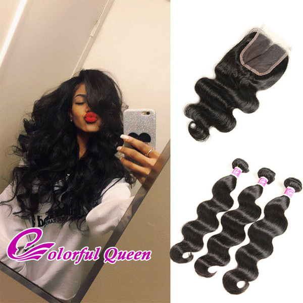 Colorful Queen Malaysian Virgin Hair Body Wave Hair with Closure 4Pcs/Lot Soft Wavy Human Hair Weaves 3 Bundles with Lace Closure 4x4