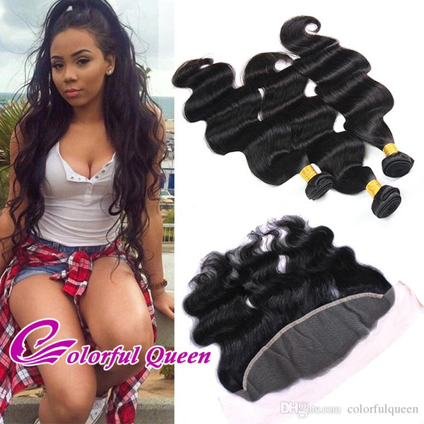 Lace Frontal Closure with Bundles Peruvian Virgin Human Hair Body Wave with Ear to Ear Frontal Lace Closure With Baby Hair Bleached Knots