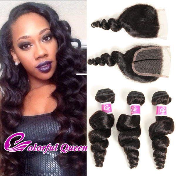 Malaysian Hair Loose Wave 3 Bundles with Closure Human Virgin Hair Loose Wave Weave Bundles with lace Closure Baby Hair Loose Bouncy Curl