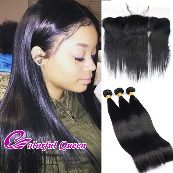 Colorful Queen Straight Peruvian Virgin Hair Weave 3 Bundles With Lace Frontal Closure Baby Hair 13x4 Lace Frontal With Straight Human Hair