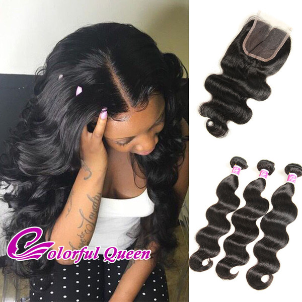 ColorfulQueen Brazilian Virgin Human Hair 3 Bundles with Closure Body Wave Wet and Wavy Brazilian Body Wave Hair with Closure 4x4 4Pcs/Lot