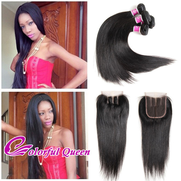 Colorful Queen 4Pcs Malaysian Straight Virgin Hair Extensions with Closure Cheap Malaysian Straight Human Hair 4 Bundles with Lace Closure