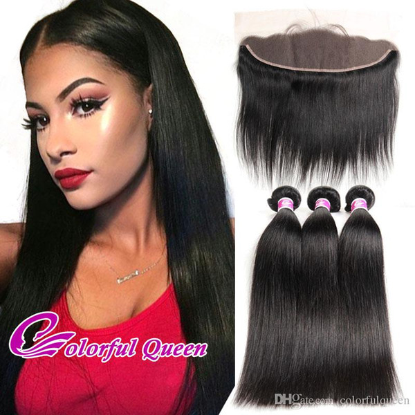 Colorful Queen Peruvian Straight Virgin Hair Extension With Lace Frontal Closure Baby Hair 13x4 Lace Frontal With Straight Human Hair Bundle