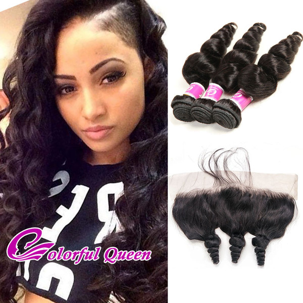 Colorful Queen Malaysian Hair Loose Wave Lace Frontal Bundles 4Pcs/Lot Malaysian Virgin Human Hair Weave 3 Bundles with Lace Frontal Closure