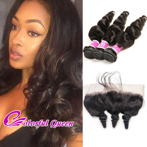 Colorful Queen Raw Indian Hair Weaves Closure Loose Wave 4Pcs/Lot Indian Virgin Hair Bundles with Lace Frontal Closure 13x4 Loose Curl Weave