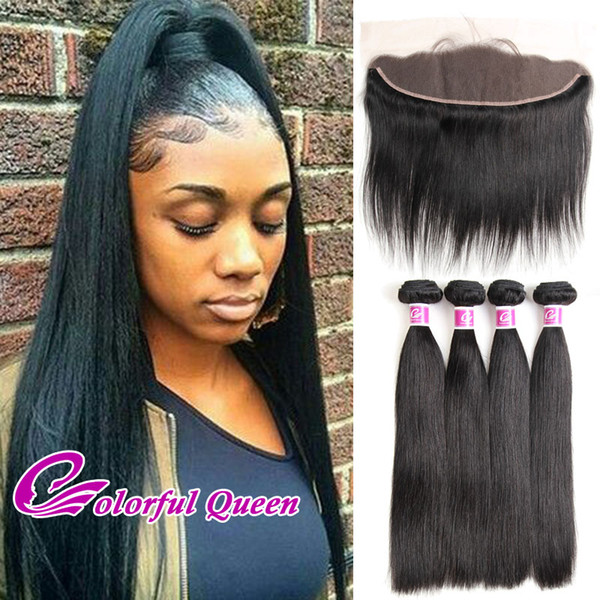 Malaysian Virgin Human Hair+Lace Frontal Closure 4pcs Straight Hair Weave Bundles with Lace Frontal Ear to Ear 13x4 Lace Frontal Closures