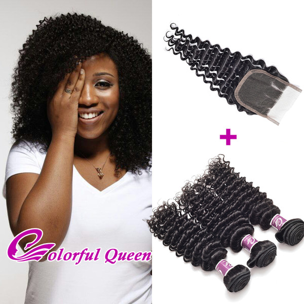 Unprocessed Virgin Raw Indian Curly Hair Weaves with Closure Indian Deep Wave Curly Human Hair Weaves with Closure Crochet Braids