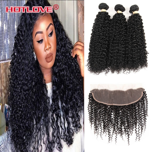 HOTLOVE 13x4 Lace Frontal Closure With Bundles Indian Kinky Curly Swiss Lace Virgin Hair With 3 pcs Human Hair Bundles