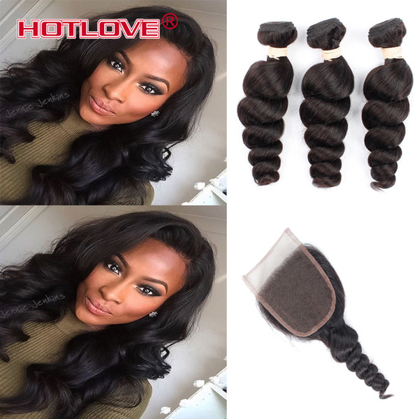 HOTLOVE Indina Virgin Hair Loose Wave With Closure Unprocessed Indina Good Loose Curl Hair Bundles Weave 3 Bundle Deals With Lace Closure