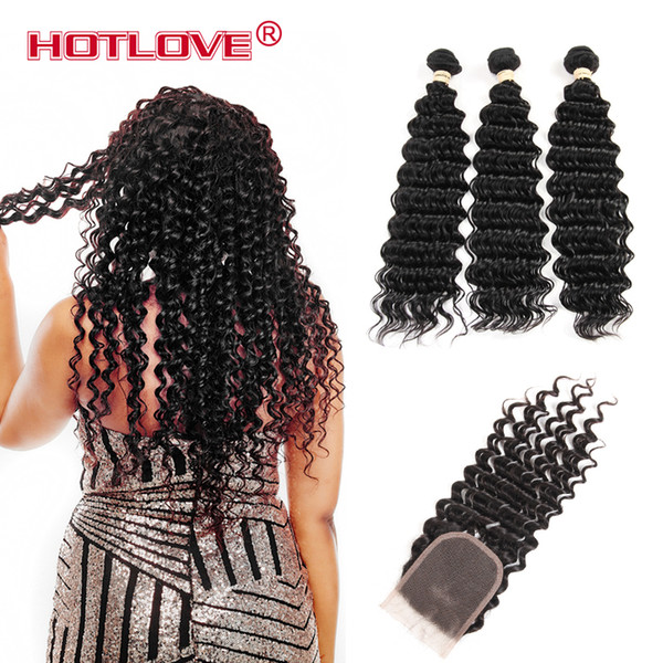 Indian Virgin Hair Deep Wave 3 Bundles With Closure 100% Human Hair Extensions 3 Pcs Weft & 1 Pc Closure with baby hair HOTLOVE