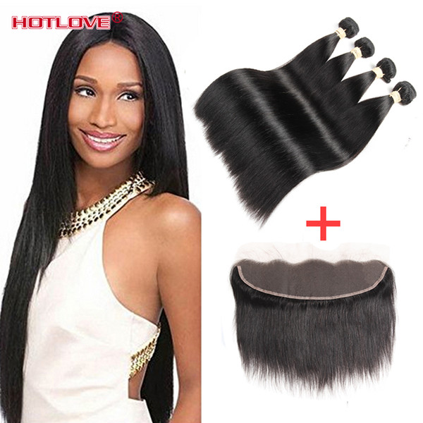 Brazilian Virgin Hair Straight 4 Bundle with Lace Frotnal closure with Baby Hair 130% Density Ear to Ear Closure Unprocessed Virgin Hair