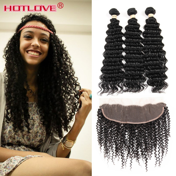 Peruvian Deep Wave Lace Frontal Closure With Bundles 100% Human Hair Weave 3 Bundles With Closure Deep Curly Remy Hair Extension