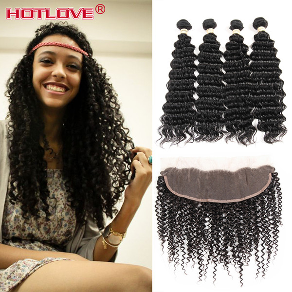 Hotlove Deep Wave Ear To Ear Lace Frontal Closure With 3 Bundles Peruvian Deep Curly Human Hair Weave With Closure Remy Hair Extensions