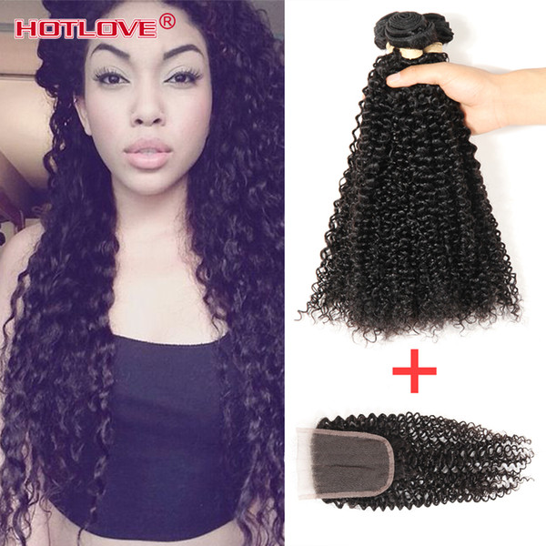 HOTLOVE 4PCS/LOT Peruvian Curly Hair Bundles With Closure Virgin Hair Natural Color Human Hair Closure 130% Density Free Middle Three Part