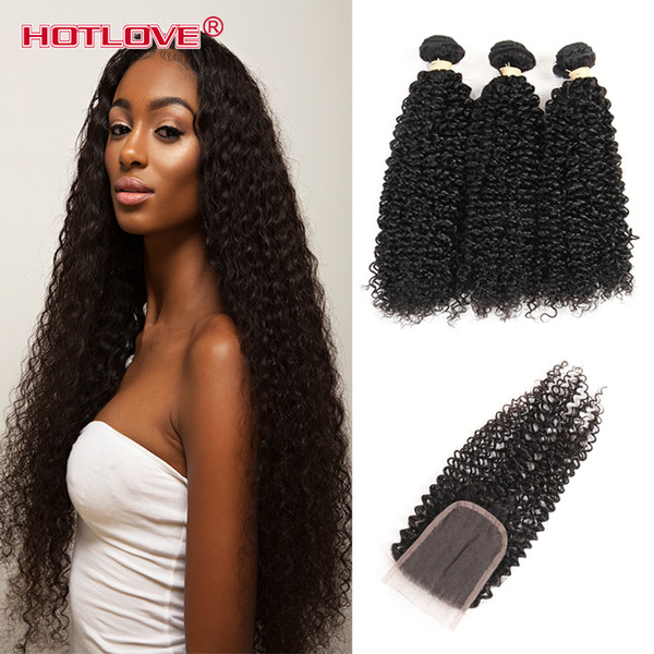 Brazilian Virgin Kinky Curly Hair 3 Bundles with Lace Closure with baby Hair Natural Black Human Hair Wefts with Top Closure