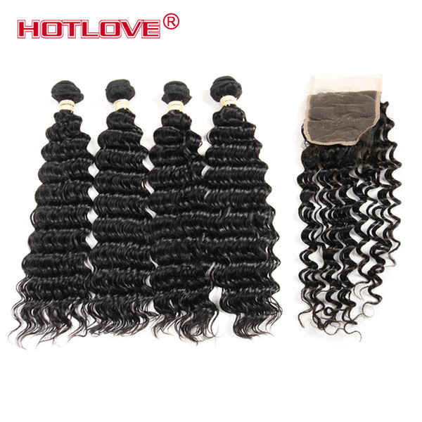 Deep Wave Bundles & Lace Closure 100% Remy Virgin Human Hair 5 Pcs/lot Deals Peruvian Hair Weave 4 Bundles With Closure Deep Curly