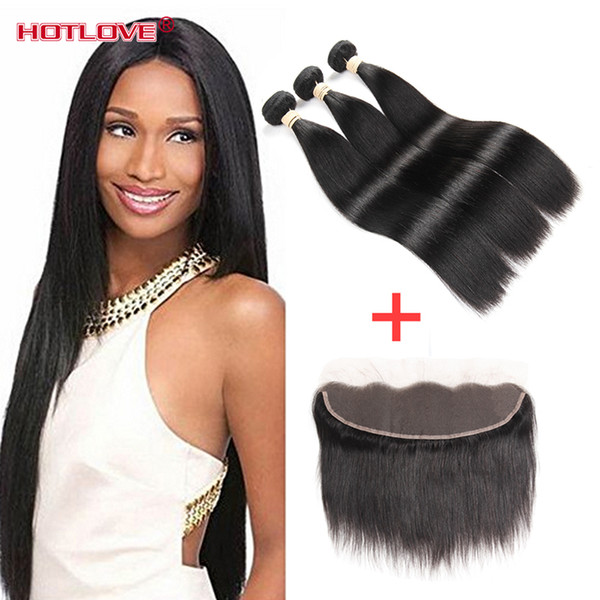 Brazilian Virgin Hair Straight Weaves 3 Bundle Deal with Lace Frontal Closure Free Part 13*4 inch Top Quality Hotlove Hair