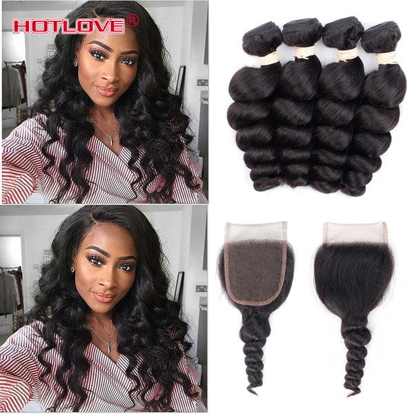 Malaysian Loose Wave With Closure 4Bundles Malaysian Virgin Hair Loose Curl Weave With Closure 8a Grade Unprocessed Human Hair Weave