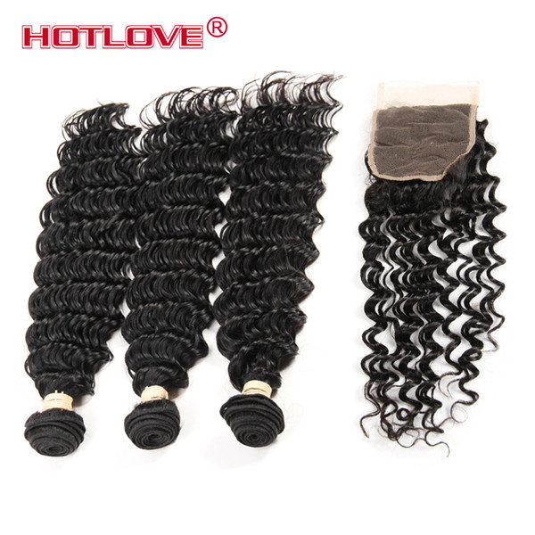 Peruvian Virgin Deep Wave Bundles With Closure 100% Human Hair Extensions 3 Pcs Weft & 1 Pc Closure with baby hair Deep Curl Weaving