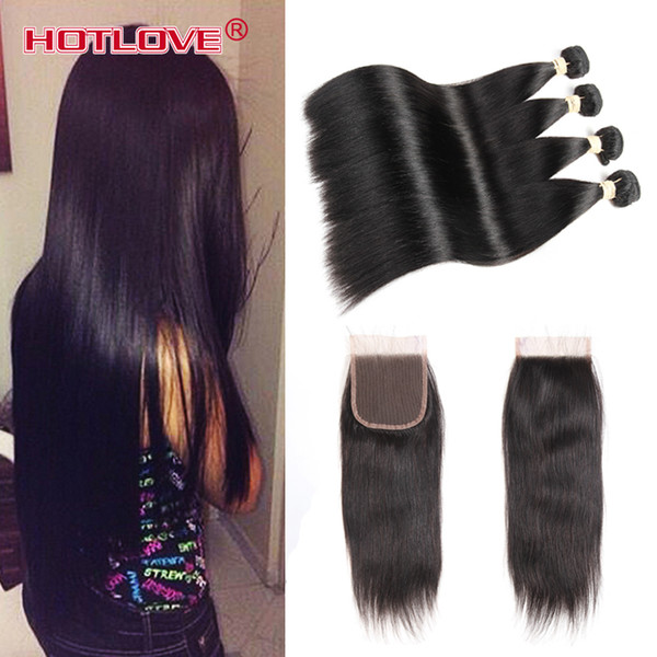 Good Cheap 8A Virgin Hair 4 Bundles Peruvian Straight Hair Weave with Closure 100% Unprocessed Human Straight 4 Pcs Hair with Lace Closure