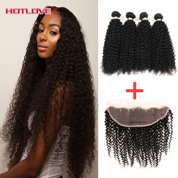 HOTLOVE Hair Peruvian Kinky Curly Pre Plucked Lace Frontal Closure With Bundle 4 Bundles Human Hair With Frontal Closure Ear to Ear