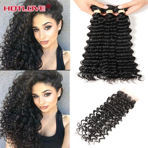 Hotlove Hair Company Malaysian Deep Wave 3 Bundles with Closure Wet And Wavy Virgin Malaysian Hair 3 Bundles and Closure Cheap Human Hair