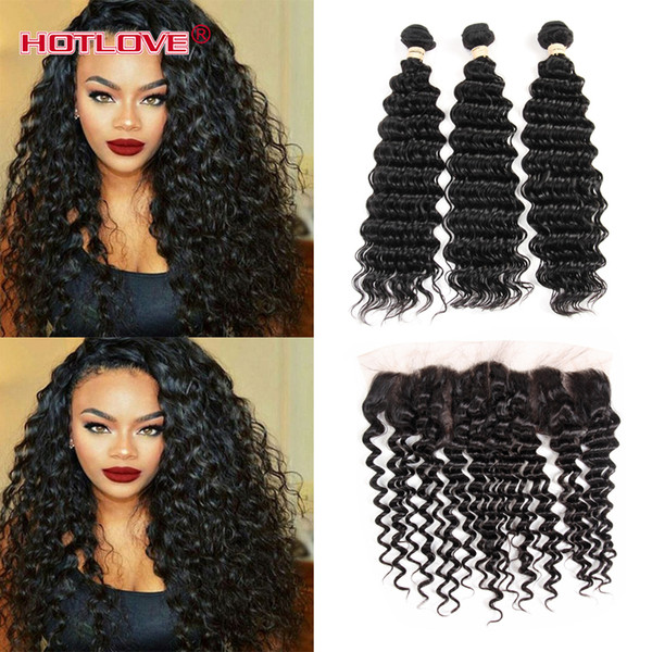 Lace Frontal Closure With 3 Bundle Brazilian Virgin Hair Deep Weaves With Frontal Closure 3 Pieces Hair and Frontal Closure with Baby Hair