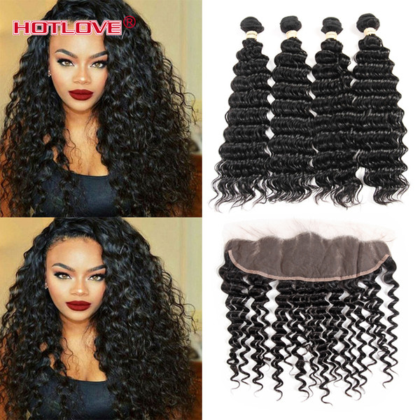 8A Brazilian Virgin hair Deep Wave Ear to Ear Lace Frontal Closure With 4 Bundles Human Hair With 13x4 lace Frontal Deep Curly