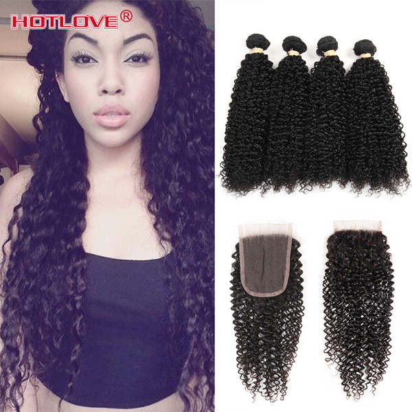 Peruvian afro Kinky Curly Hair Weave 4 Bundles With Closure Top Human Hair Bundles Lace Closure 5pcs/lot Deals Weft Hotlove Virgin Hair