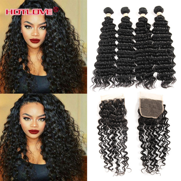 Hotlove 8A Brazilian Virgin Hair Deep Wave 4 Bundles with Lace Closure Free Part / Middle Part/ Three Part 5Pcs / Lot Deep Curly Wave