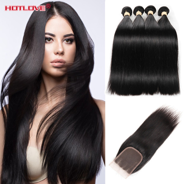 Hotlove Hair Brazilian Virgin Human Straight Wave 4 Bundles with Top Closure 4x4 Natural Black Unprocessed Remy Straight Hair