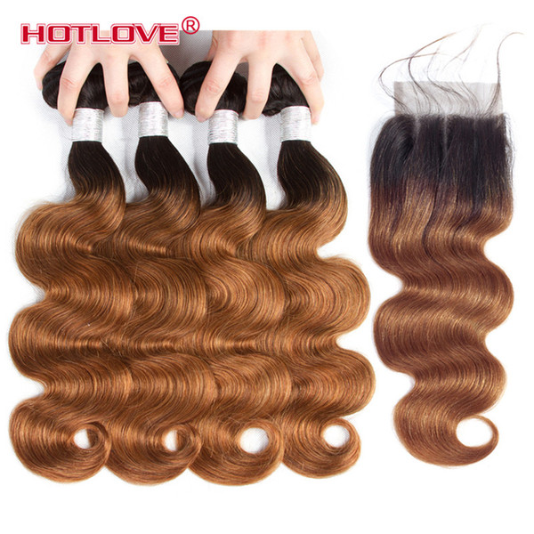 Pre-Colored Ombre Bundles With Closure Brazilian Body Wave 4 Bundles With Closure T1B/30 Dark Roots Chestnut Brown Human Hair Extensions
