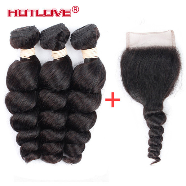 India Virgin Hair Loose Wave Indian Human Hair Weave 3 Bundles with Closure 4*4 Free Part with Baby Hair Natural Black Good Products