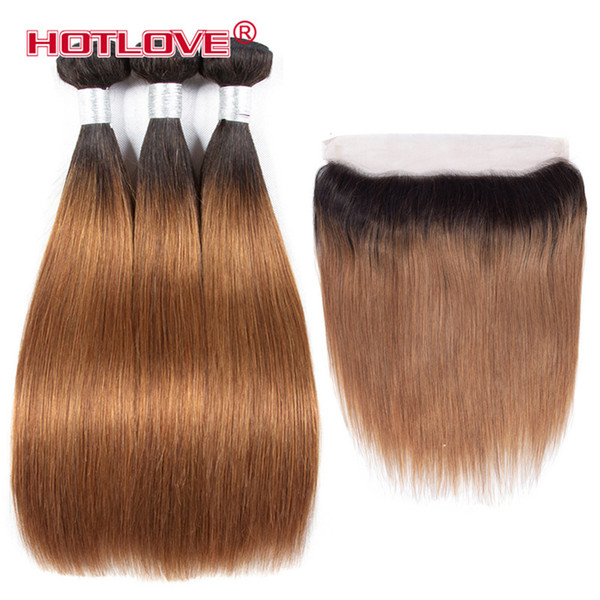 Ombre Bundles with Frontal Closure Peruvian Straight Human Hair Weave Bundle with 13*4 Frontal Two Tone Color T1B/30 27 99J Burgundy