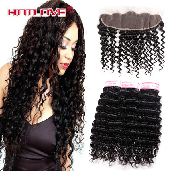 Cheap Malaysian Virgin Human Hair Bundles with Closure 13*4 inch Deep Curly Wave Human Hair Extensions 3 Bundles with Lace Frontal Free Part